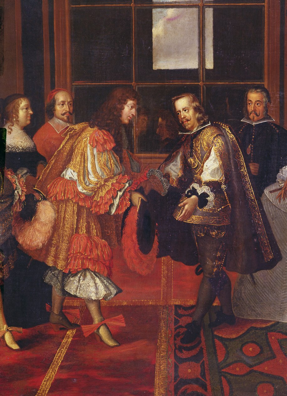 O Encontro de Luis XIV e Philippe IV na Ile des Faisans 7 de junho de 1660 detalhe de Luís XIV 1638-1715, rei da França e Navarra, seu tio Philippe IV 1605-1665, rei da Espanha, no backgrou de Charles Le Brun