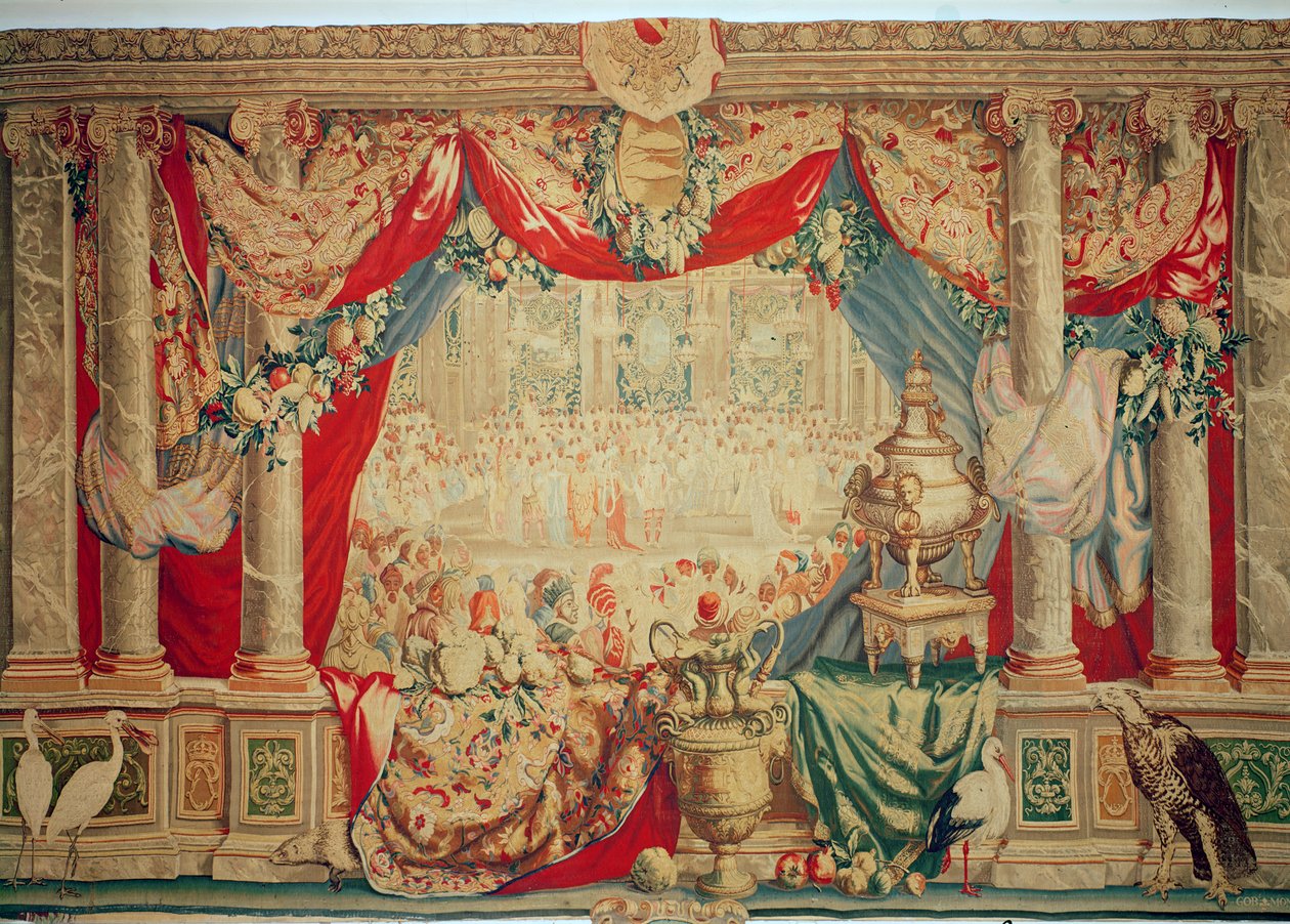 O Mês de Fevereiro, da série de tapeçarias &39;The Months or Royal Residences&39;, produzido no Workshop Gobelins para Louis XIV (tapeçaria) c.1699 de Charles Le Brun