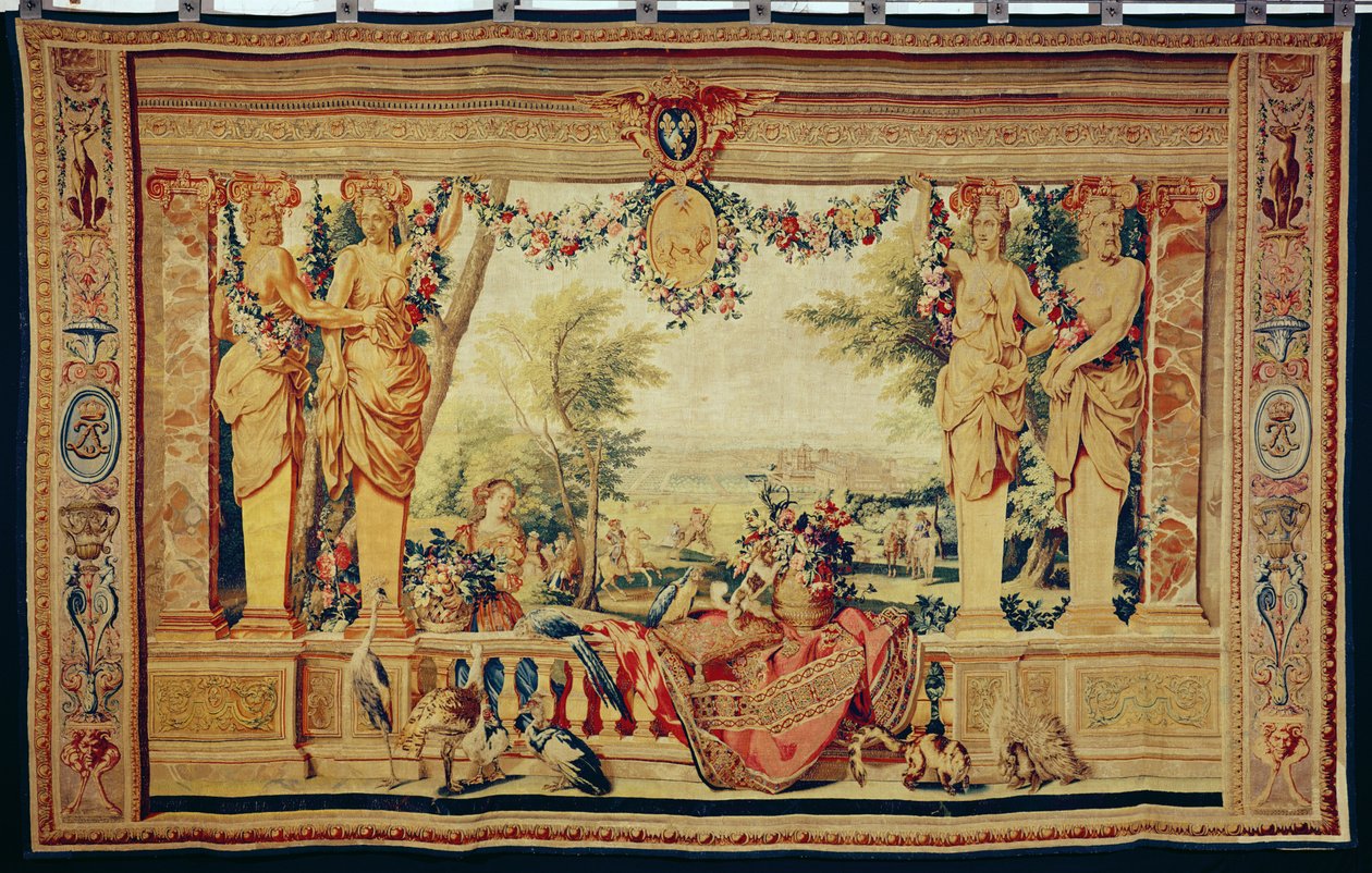 O Mês de Julho Chateau de Vincennes, da série de tapeçarias &39;The Months or Royal Residences&39;, produzido no Workshop Gobelins para Louis XIV (tapeçaria) de Charles Le Brun
