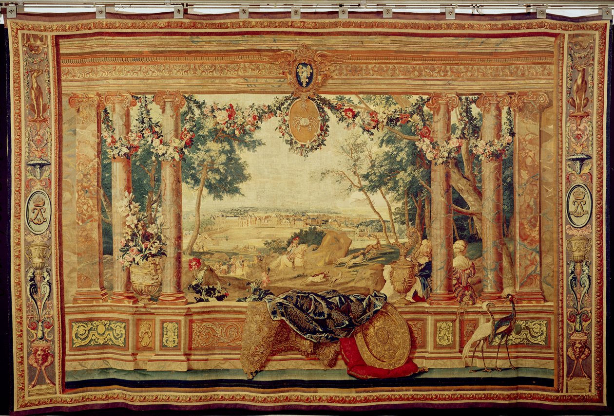 O Mês de Junho Chateau de Fontainebleau, da série de tapeçarias &39;The Months or Royal Residences&39;, produzido na Oficina Gobelins para Louis XIV (tapeçaria) de Charles Le Brun