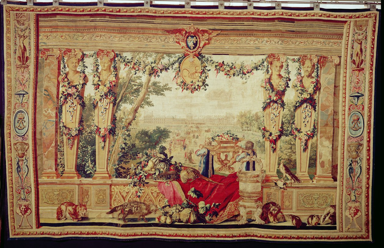 O Mês de Outubro Chateau das Tulherias, da série de tapeçarias &39;The Months or Royal Residences&39;, produzido na Oficina Gobelins para Louis XIV (tapeçaria) de Charles Le Brun