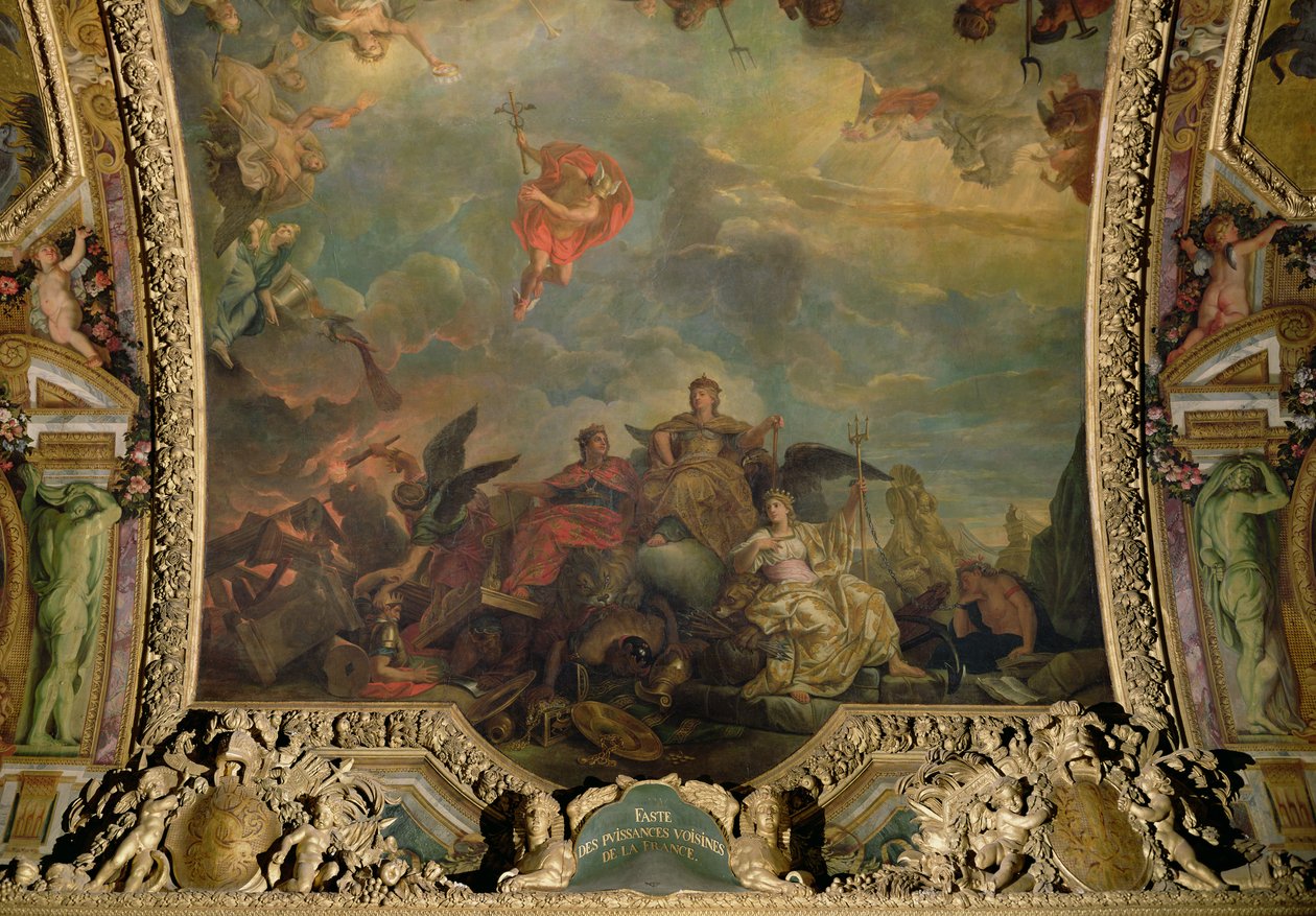 Os poderes vizinhos prósperos da França, pintura de teto da Galerie des Glaces de Charles Le Brun
