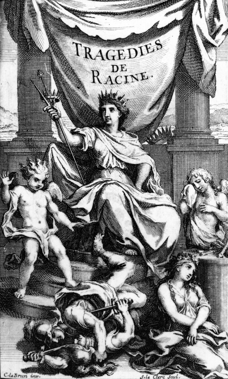 Página de título de "Tragédias de Racine", gravado por Sebastien Le Clerc, 1676 de Charles Le Brun