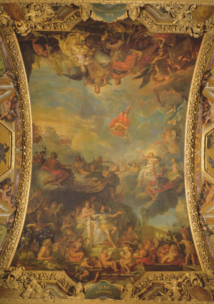 Vista do rei Luís XIV (1638-1715) governando sozinho em 1661 e os prósperos poderes vizinhos da França, pintura de teto da Galerie des Glaces de Charles Le Brun