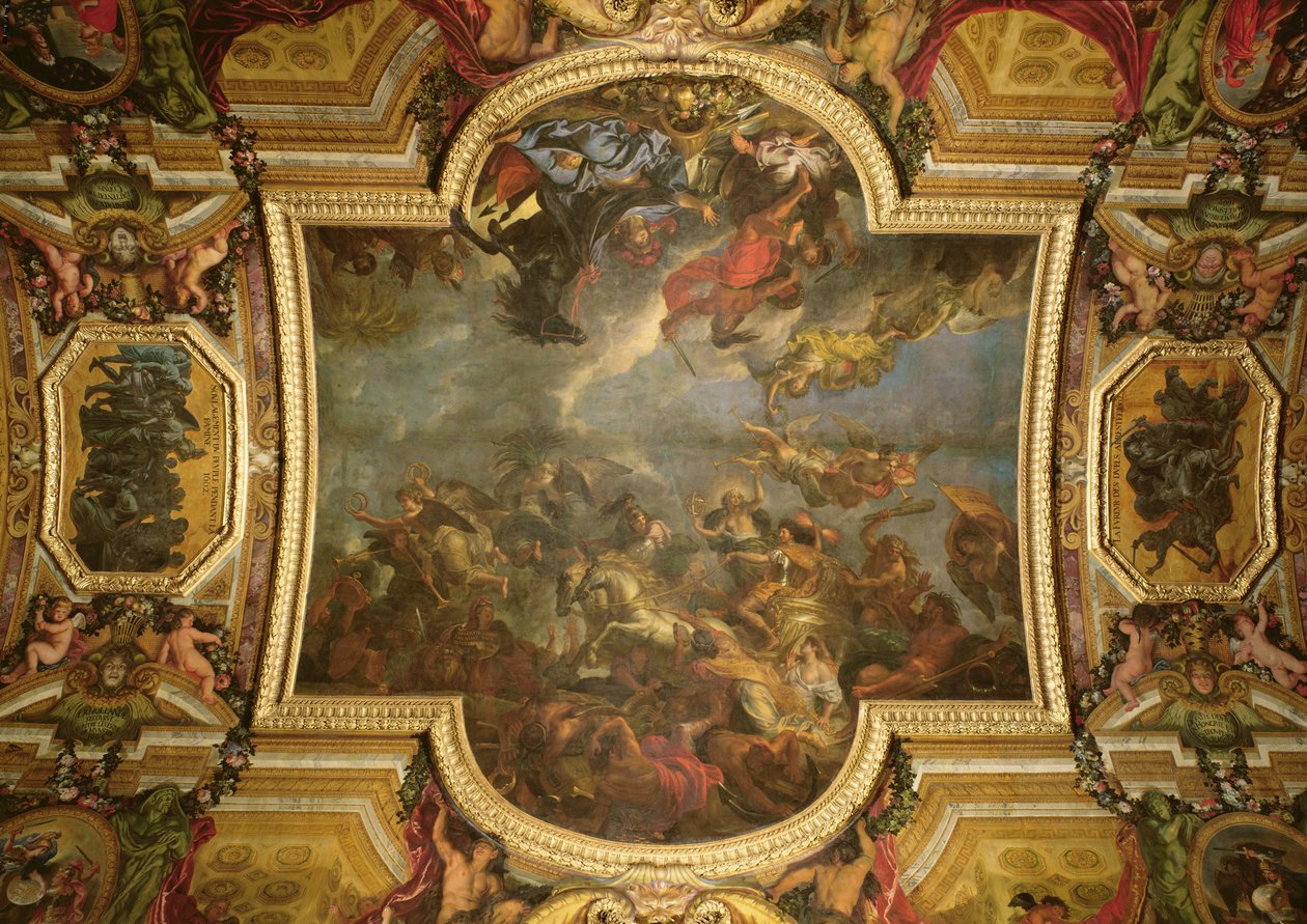 Vista do Rei Tomando Maastricht em Treze Dias em 1673 e a Passagem do Reno na Presença dos Inimigos em 1672, pintura do teto da Galerie des Glaces, 1678-86 (ver também 379737) de Charles Le Brun