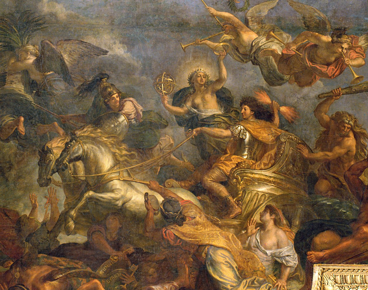 Vista do rei tendo Maastricht em treze dias em 1673 e a passagem do Reno na presença dos inimigos em 1672, pintura do teto da Galerie des Glaces, detalhe de 1678-86 de 208101 de Charles Le Brun