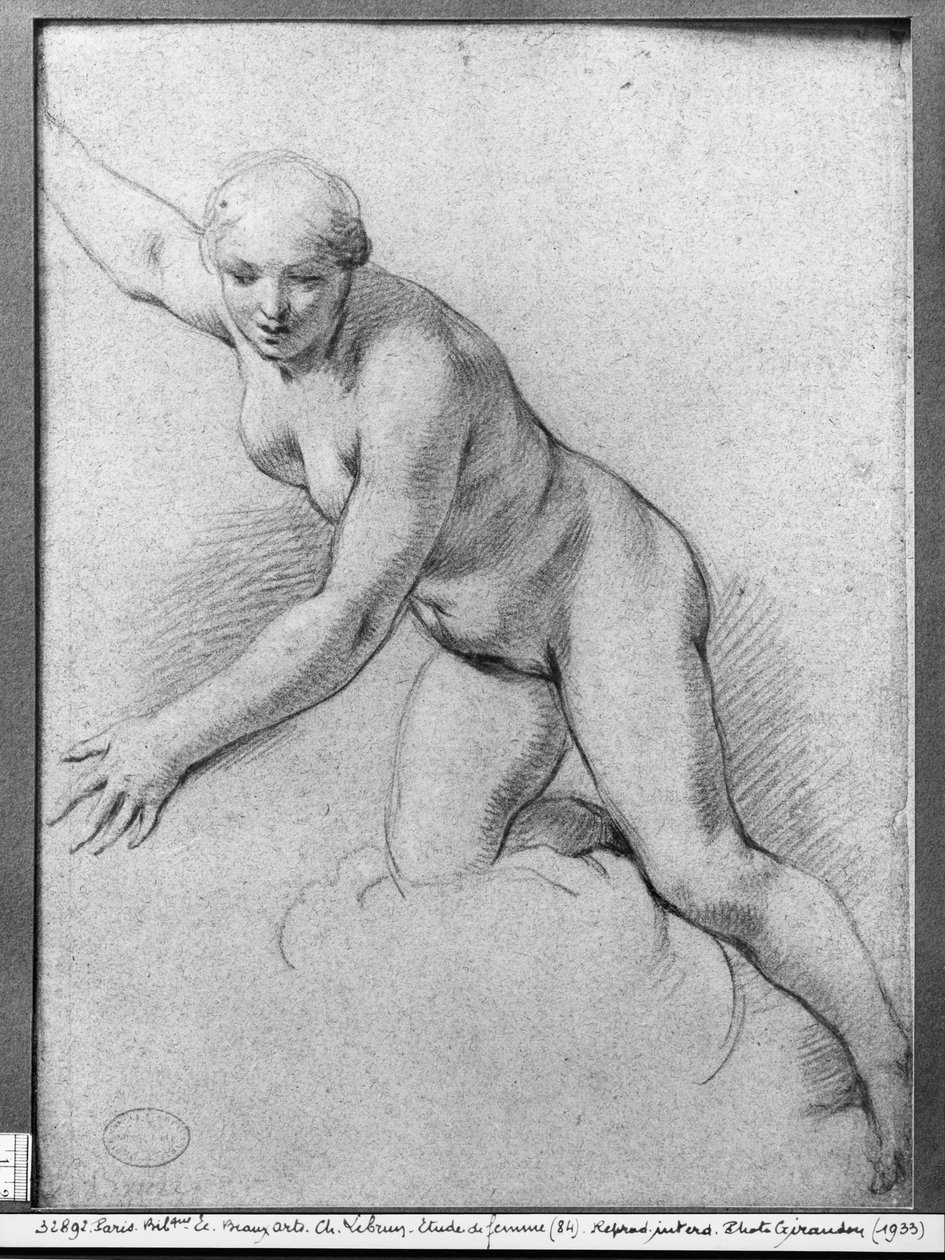 Mulher, ajoelhando, ligado, um, nuvem, (pierre, noire, ligado, cinzento, paper) de Charles Le Brun