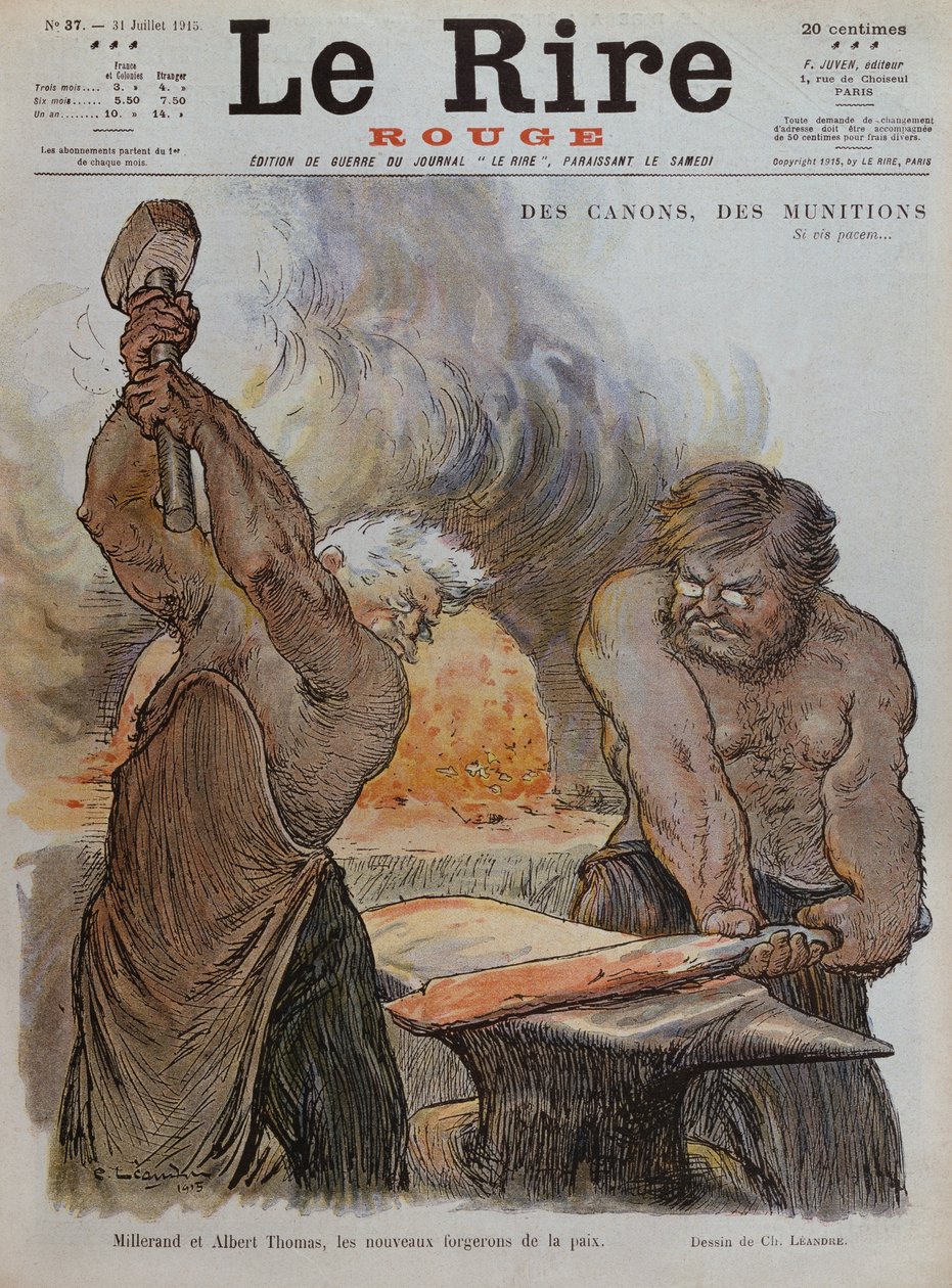 Alexandre Millerand e Albert Thomas como ferreiros forjando a paz, ilustração da capa de &39;Le Rire Rouge&39;, 31 de julho de 1915 de Charles Leandre