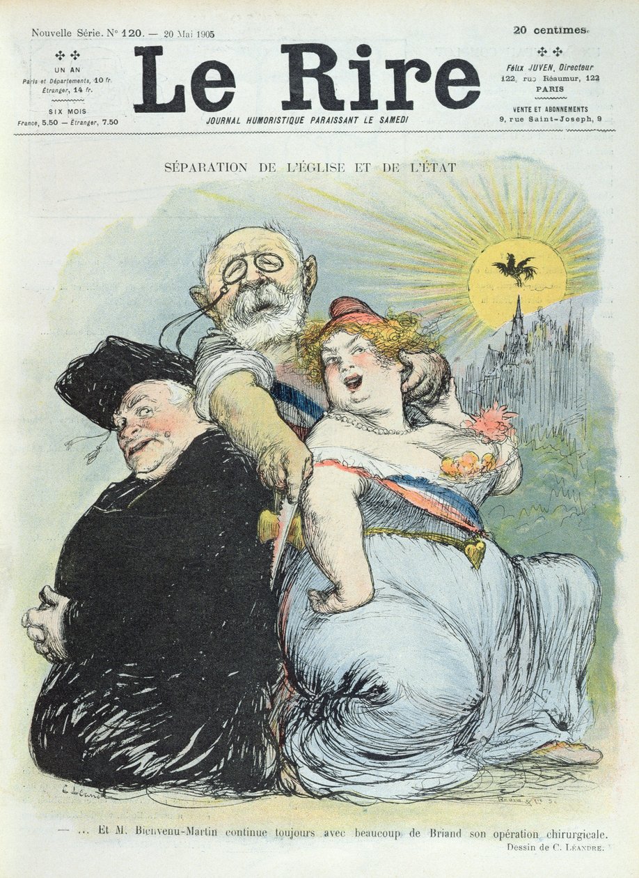 Jean-Baptiste Bienvenu-Martin (1847-1943) separa o Estado da Igreja, caricatura da revista &39;Le Rire&39; 20 de maio de 1905 de Charles Leandre
