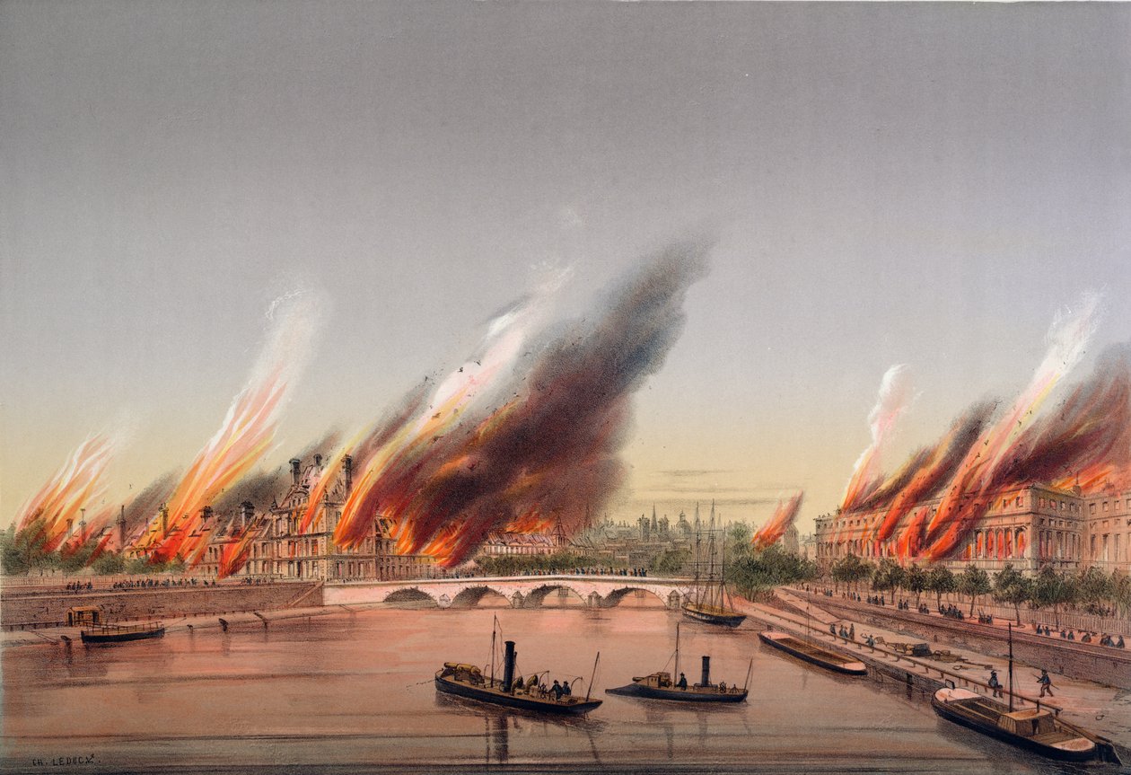 A canhoneira &39;La Farcy&39; atracou no Sena durante a queima das Tuileries e Conseil d&39;Etat em 24 de maio de 1871 de Charles Leduc