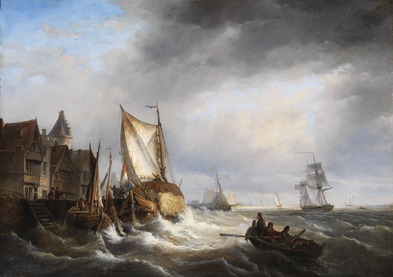 Entrada do porto no mar tempestuoso. de Charles Henri Joseph Leickert