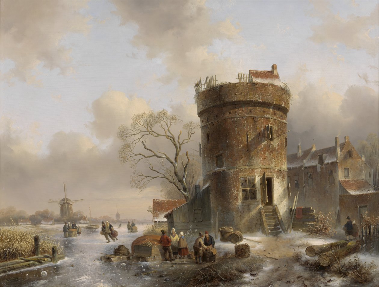 Paisagem do inverno com figuras em um rio congelado em uma torre de Charles Henri Joseph Leickert