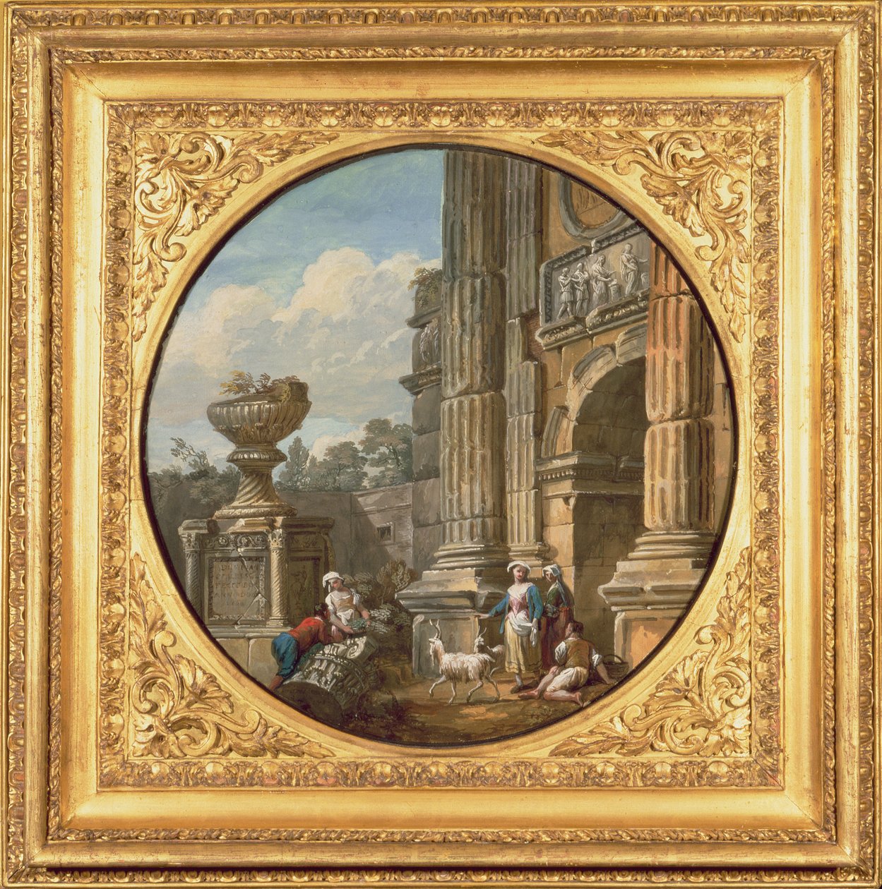 Assunto arquitetônico: arco, tumba, figuras e cabras, década de 1760 de Charles Louis Clerisseau