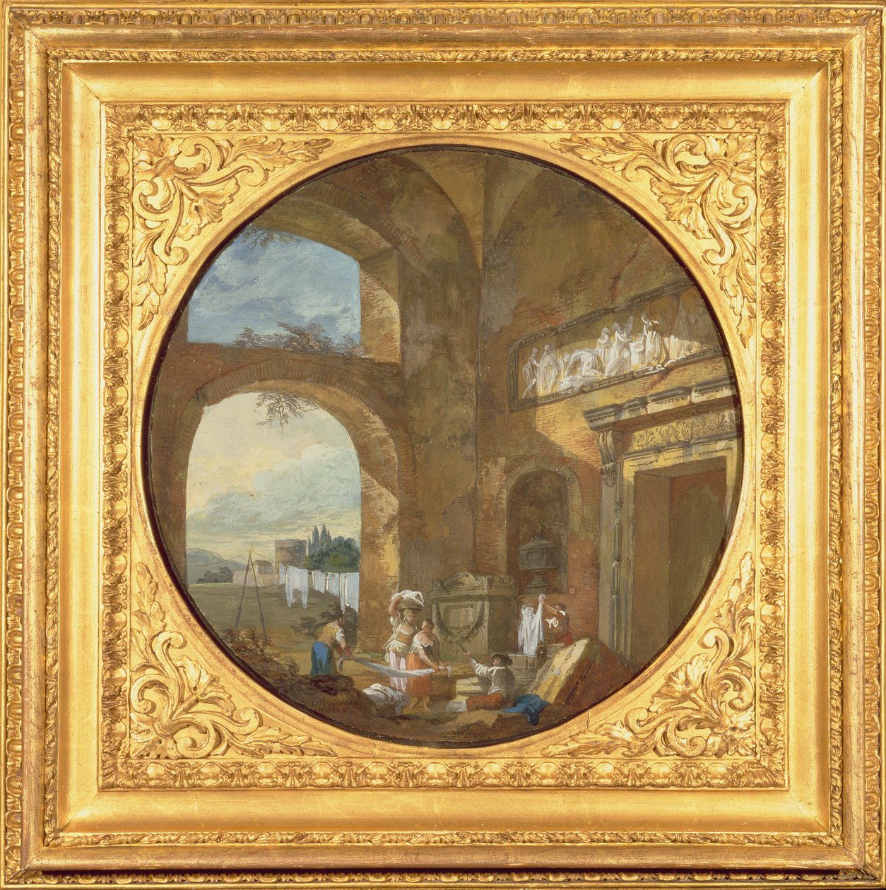 Interior de uma ruína antiga, com lavanderias, 1763 de Charles Louis Clerisseau