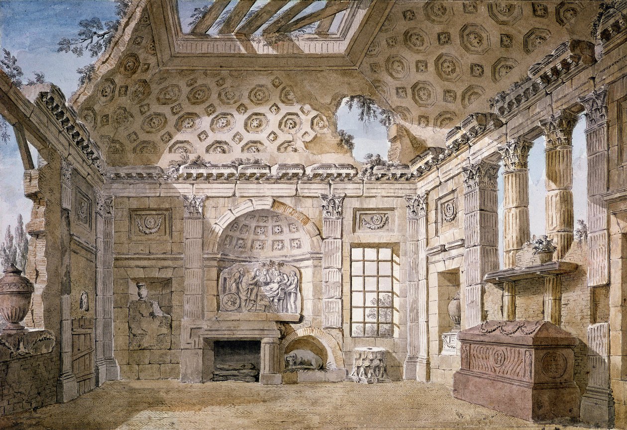 No.3607 Projeto para Ruína Sala do mosteiro (agora convento) de Santa Trinita del Monte, Roma, c.1766 (giz, caneta e wc) de Charles Louis Clerisseau