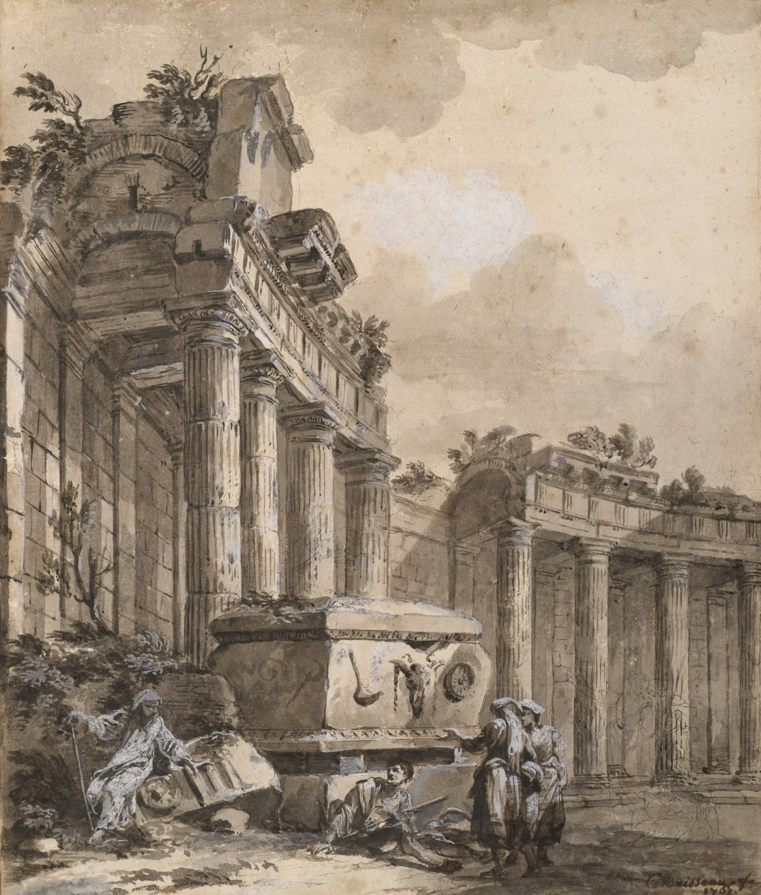 Figuras perto de uma colunata arruinada de Charles Louis Clerisseau