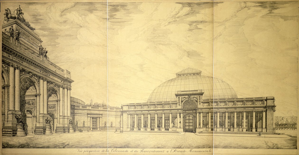 O Arco do Triunfo e uma das semicirculares colunatas do Palais du Cinquantenaire, Bruxelas, 1906 de Charles Louis Girault