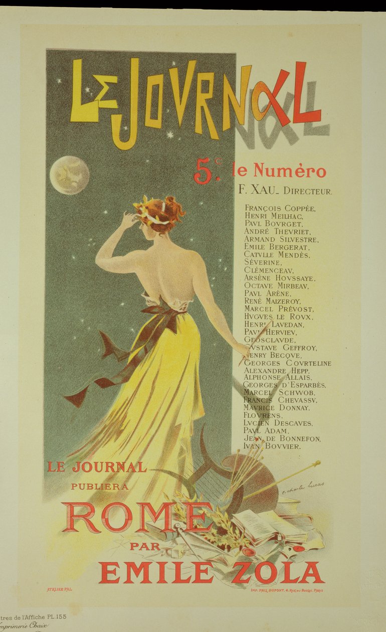 Reprodução de um cartaz anunciando a publicação de &39;Rome&39; por Emile Zola, em &39;Le Journal&39; de Charles Lucas