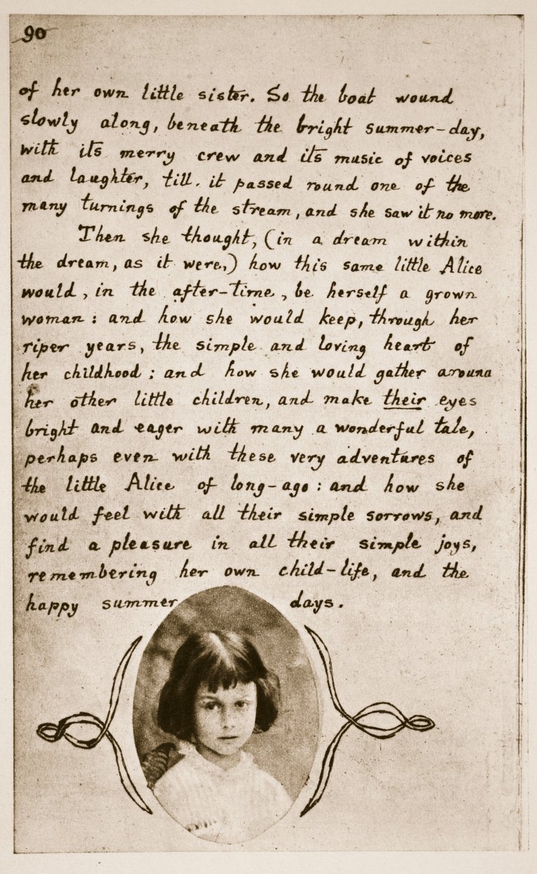 Alice Liddell na última página de &39;Alice&39;s Adventures Underground&39;, 1859 (foto sépia) de Charles Lutwidge Dodgson