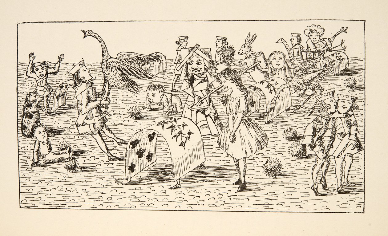Alice e a Rainha Vermelha jogam croquete, ilustração de Alices Adventures Under Ground, pub. 1886 (fac-símile) de Charles Lutwidge Dodgson