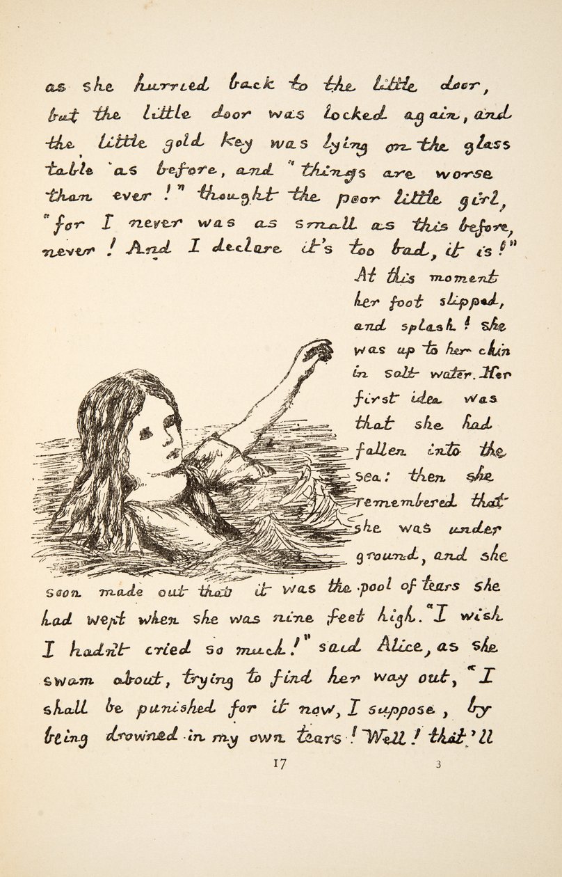 Alice cai na piscina de lágrimas, ilustração de Alices Adventures Under Ground, pub. 1886 (fac-símile) de Charles Lutwidge Dodgson