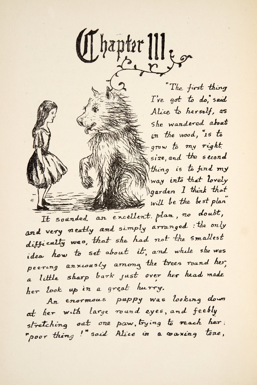 Alice conhece o filhote, ilustração de Alices Adventures Under Ground, pub. 1886 (fac-símile) de Charles Lutwidge Dodgson