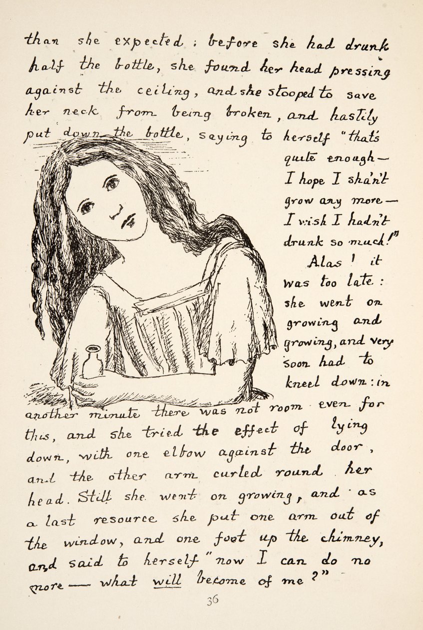 Alice começa a crescer depois de beber da pequena garrafa, ilustração de Alices Adventures Under Ground, pub. 1886 (fac-símile) de Charles Lutwidge Dodgson