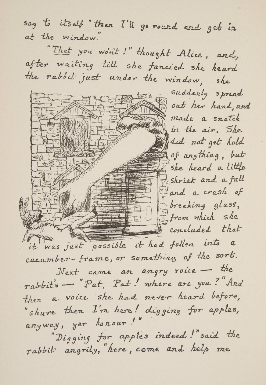 Alice tenta pegar o coelho branco, ilustração de Alices Adventures Under Ground, pub. 1886 (fac-símile) de Charles Lutwidge Dodgson