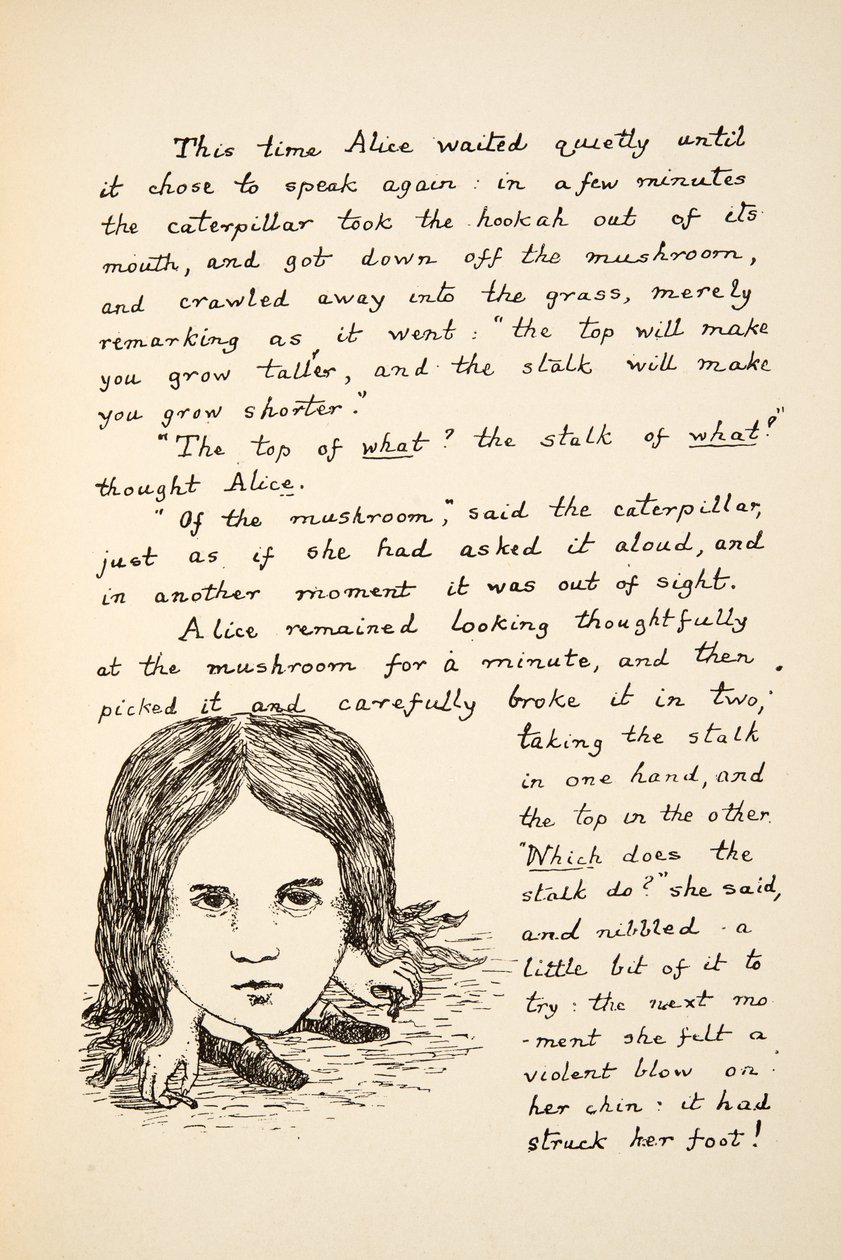 O queixo de Alices bate seus pés após ter comido o cogumelo, ilustração de Alices Adventures Under Ground, bar. 1886 (fac-símile) de Charles Lutwidge Dodgson