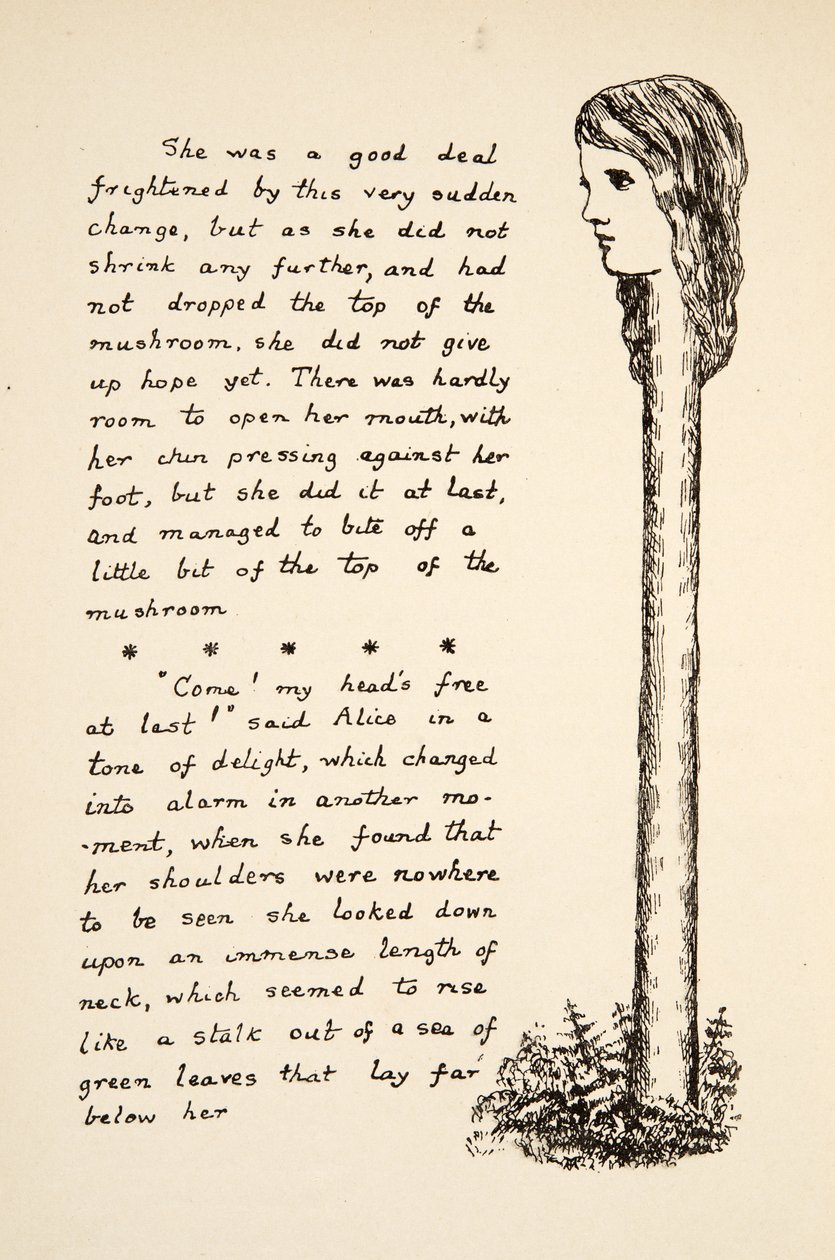 O pescoço de Alices estica após ter comido mais cogumelo, ilustração de Alices Adventures Under Ground, bar. 1886 (fac-símile) de Charles Lutwidge Dodgson