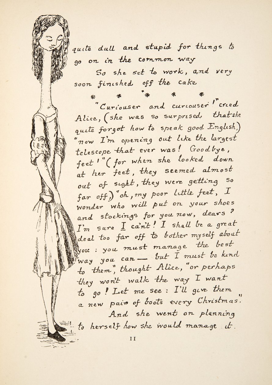 Mais curioso e mais curioso, ilustração de Alices Adventures Under Ground, pub. 1886 (fac-símile) de Charles Lutwidge Dodgson