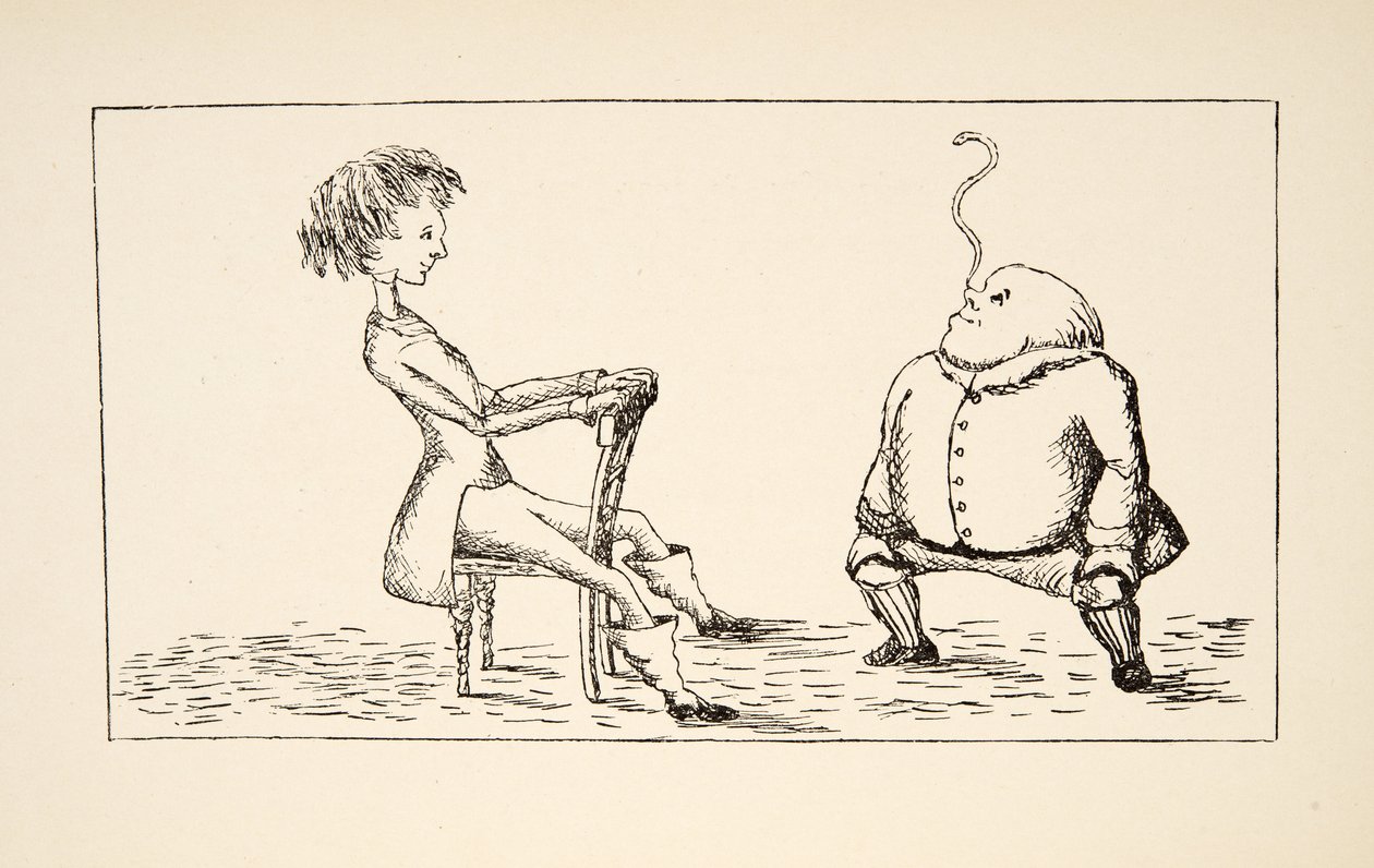 Pai William balançando uma enguia no nariz, ilustração de Alices Adventures Under Ground, pub. 1886 (fac-símile) de Charles Lutwidge Dodgson