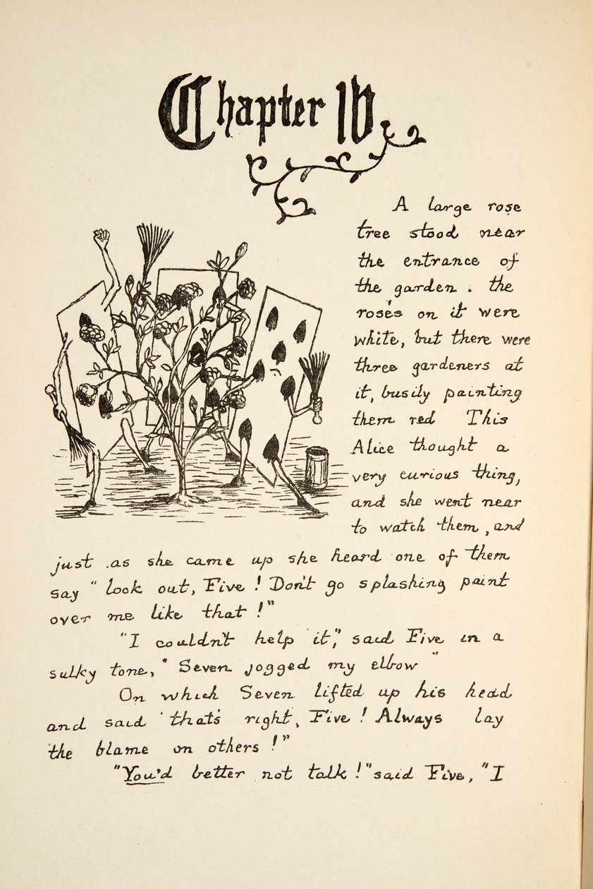 Cartões de jogo que pintam o vermelho de Rosa branca, ilustração de Alices Adventures Under Ground, bar. 1886 (fac-símile) de Charles Lutwidge Dodgson