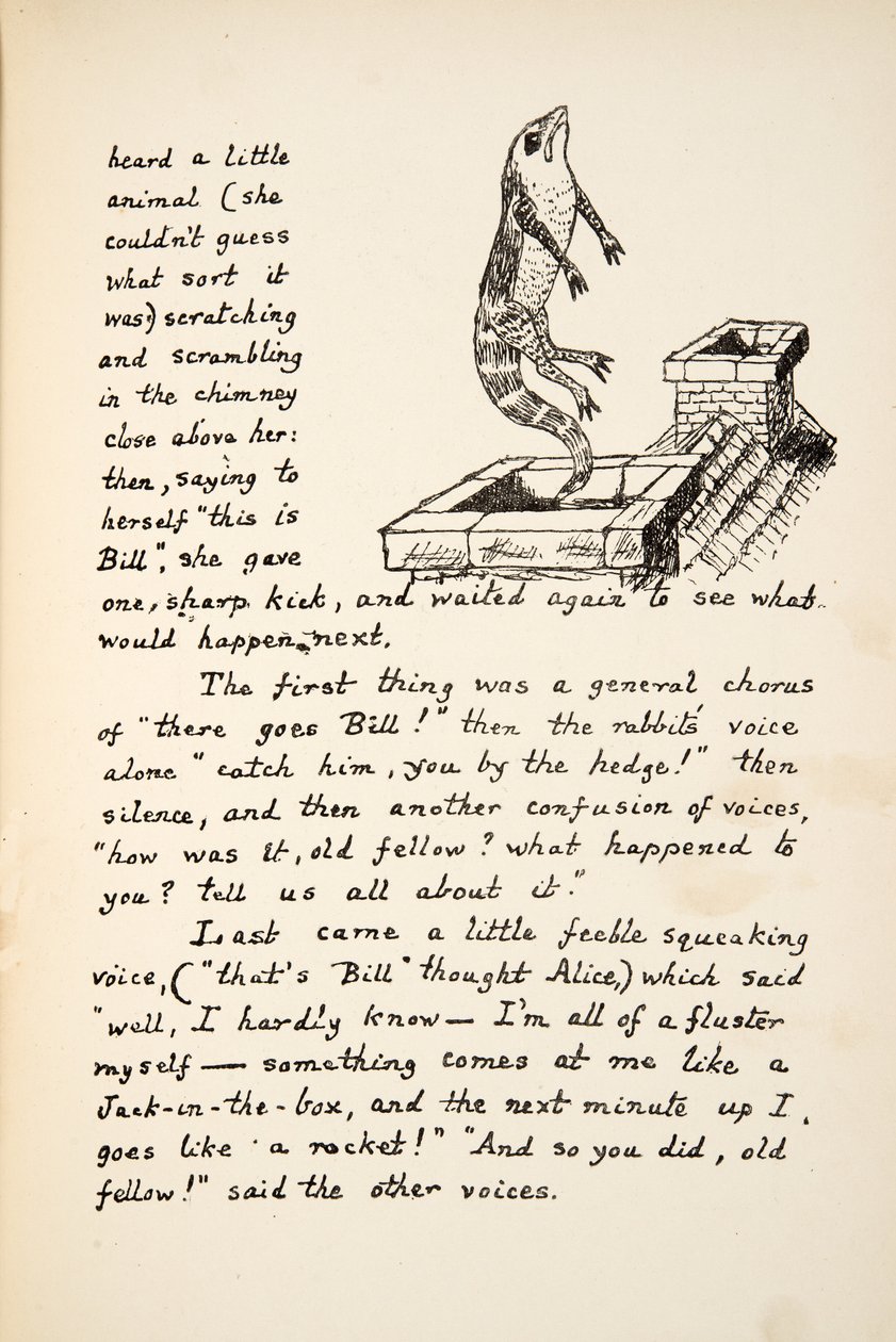 Lá vai Bill, ilustração de Alices Adventures Under Ground, pub. 1886 (fac-símile) de Charles Lutwidge Dodgson