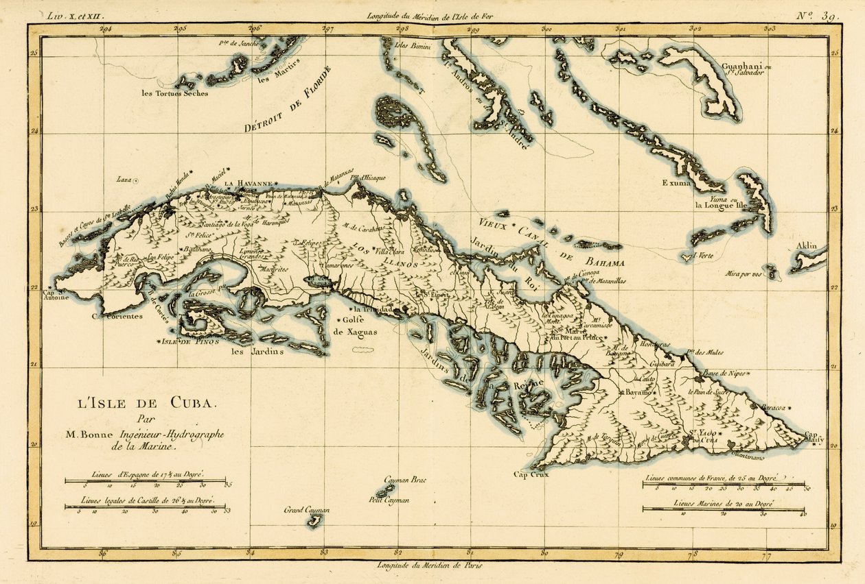 Cuba, de "Atlas de Todas as Partes Conhecidas do Globo Terrestre", de Guillaume Raynal (1713-96), publicou 1780 de Charles Marie Rigobert Bonne