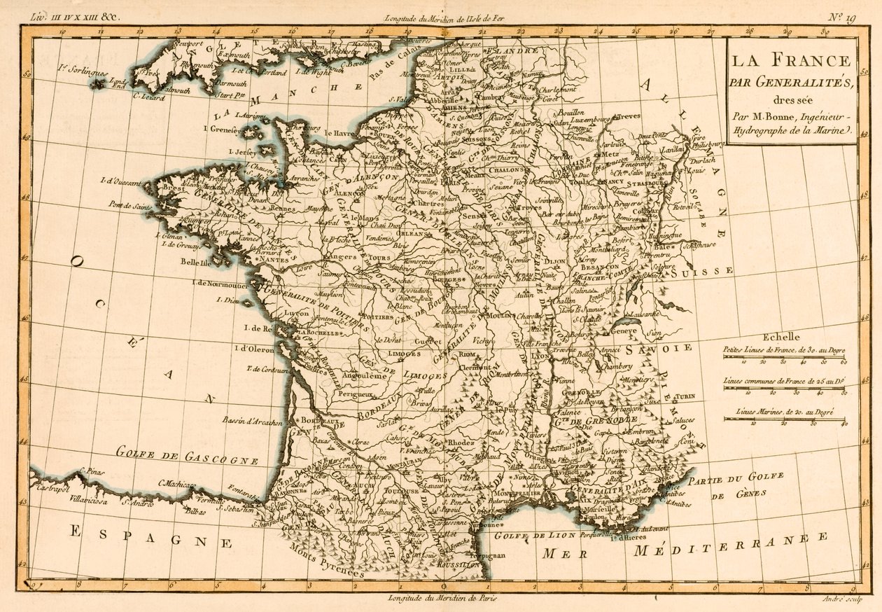 França por regiões, de &39;Atlas de todas as partes conhecidas do globo terrestre&39; por Guillaume Raynal (1713-96) publicou 1780 de Charles Marie Rigobert Bonne