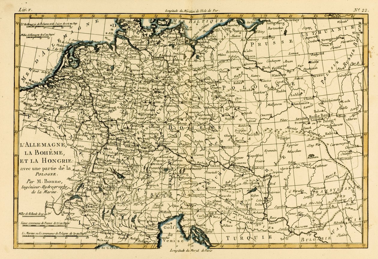 Alemanha, Boêmia e Hungria, com parte da Polônia, de "Atlas de Todas as Partes Conhecidas do Globo Terrestre", de Guillaume Raynal (1713-96), publicaram Genebra, 1780 de Charles Marie Rigobert Bonne