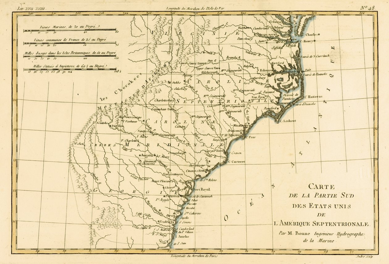Costa Sudeste da América, de "Atlas de Todas as Partes Conhecidas do Globo Terrestre", de Guillaume Raynal (1713-96), publicado por JL Pellet, Genebra, 1780 (gravura colorida) de Charles Marie Rigobert Bonne
