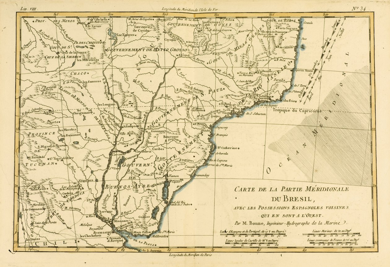 O sul do Brasil, de "Atlas de todas as partes conhecidas do globo terrestre", de Guillaume Raynal (1713-96), publicou JL Pellet, Genebra, 1780 de Charles Marie Rigobert Bonne
