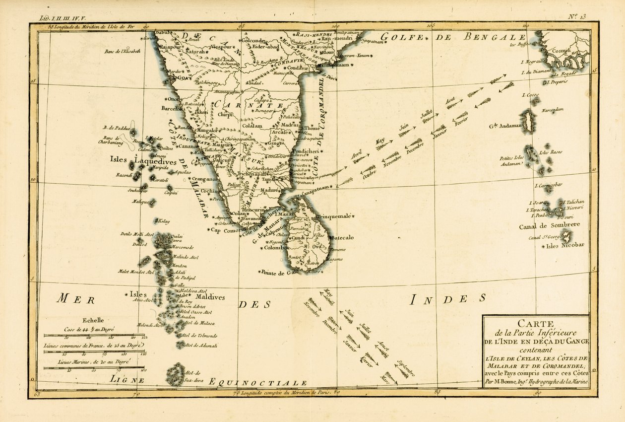 Sul da Índia e Ceilão, de "Atlas de Todas as Partes Conhecidas do Globo Terrestre", de Guillaume Raynal (1713-96), publicou JL Pellet, Genebra, 1780 de Charles Marie Rigobert Bonne