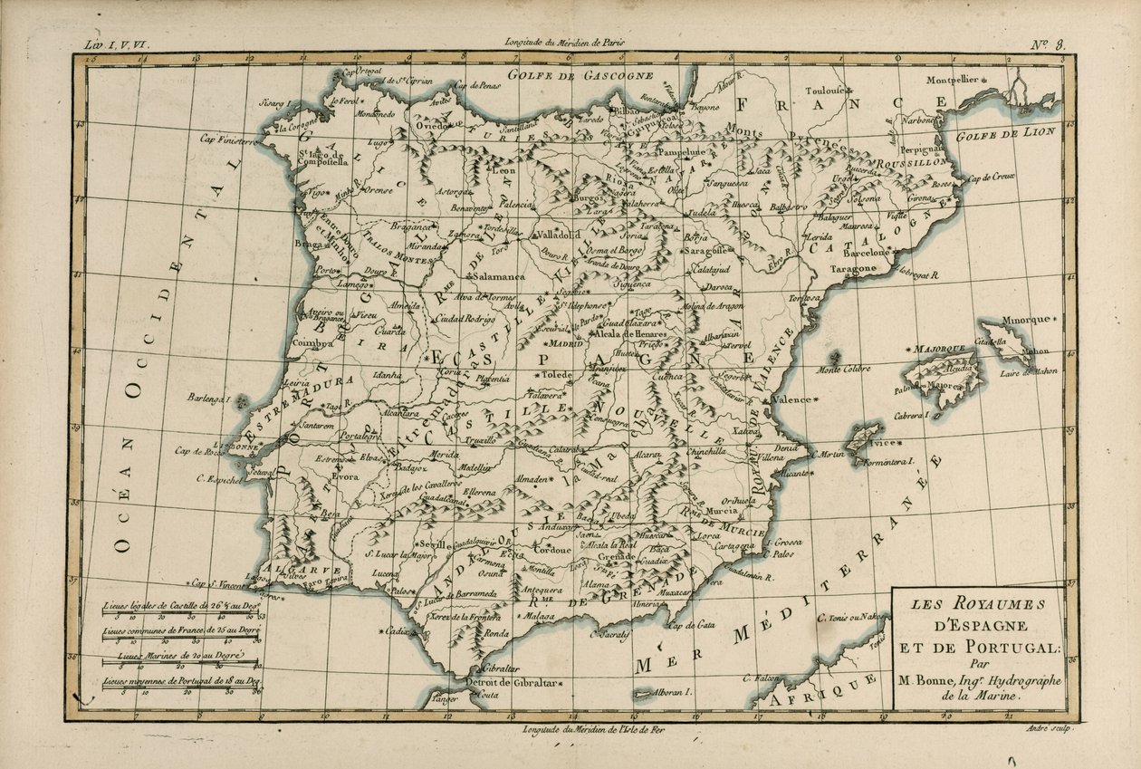 Espanha e Portugal, de "Atlas de Todas as Partes Conhecidas do Globo Terrestre", de Guillaume Raynal (1713-96), publicaram Genebra, 1780 de Charles Marie Rigobert Bonne