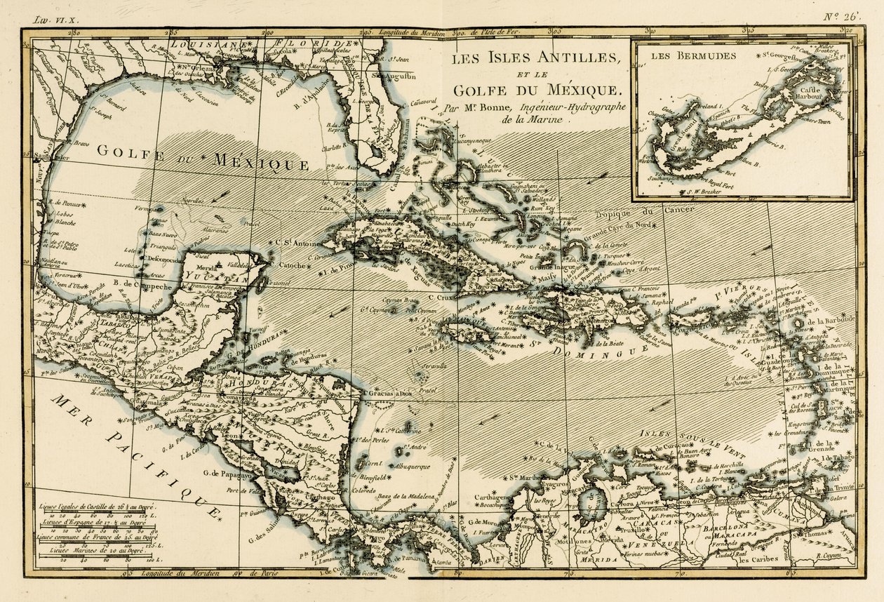 As Antilhas e o Golfo do México, de "Atlas de Todas as Partes Conhecidas do Globo Terrestre", de Guillaume Raynal (1713-96), publicaram Genebra, 1780 de Charles Marie Rigobert Bonne