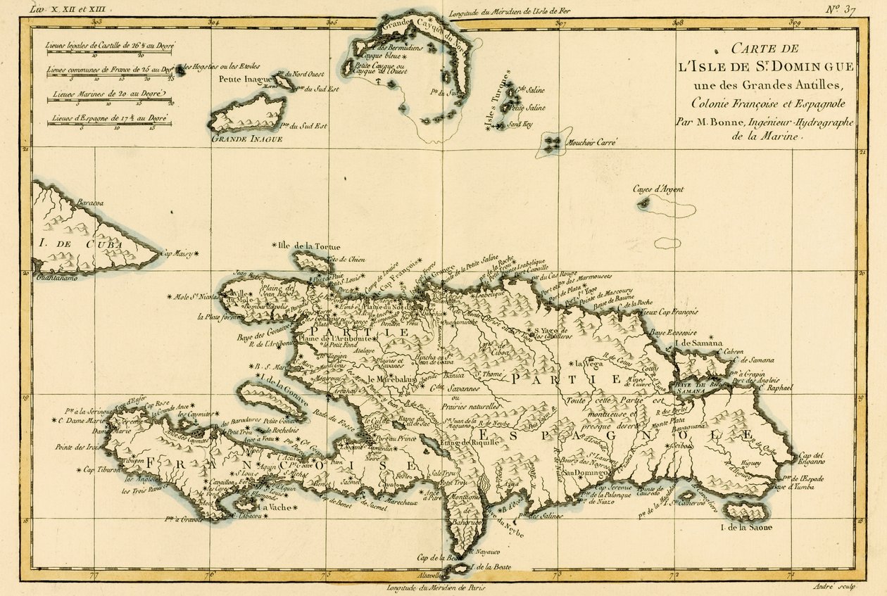 A colônia francesa e espanhola da ilha de São Domingos das Grandes Antilhas, de "Atlas de Toutes les Festas Connues du Globe Terrestre", de Guillaume Raynal (1713-96), publicou JL Pellet, Ge de Charles Marie Rigobert Bonne