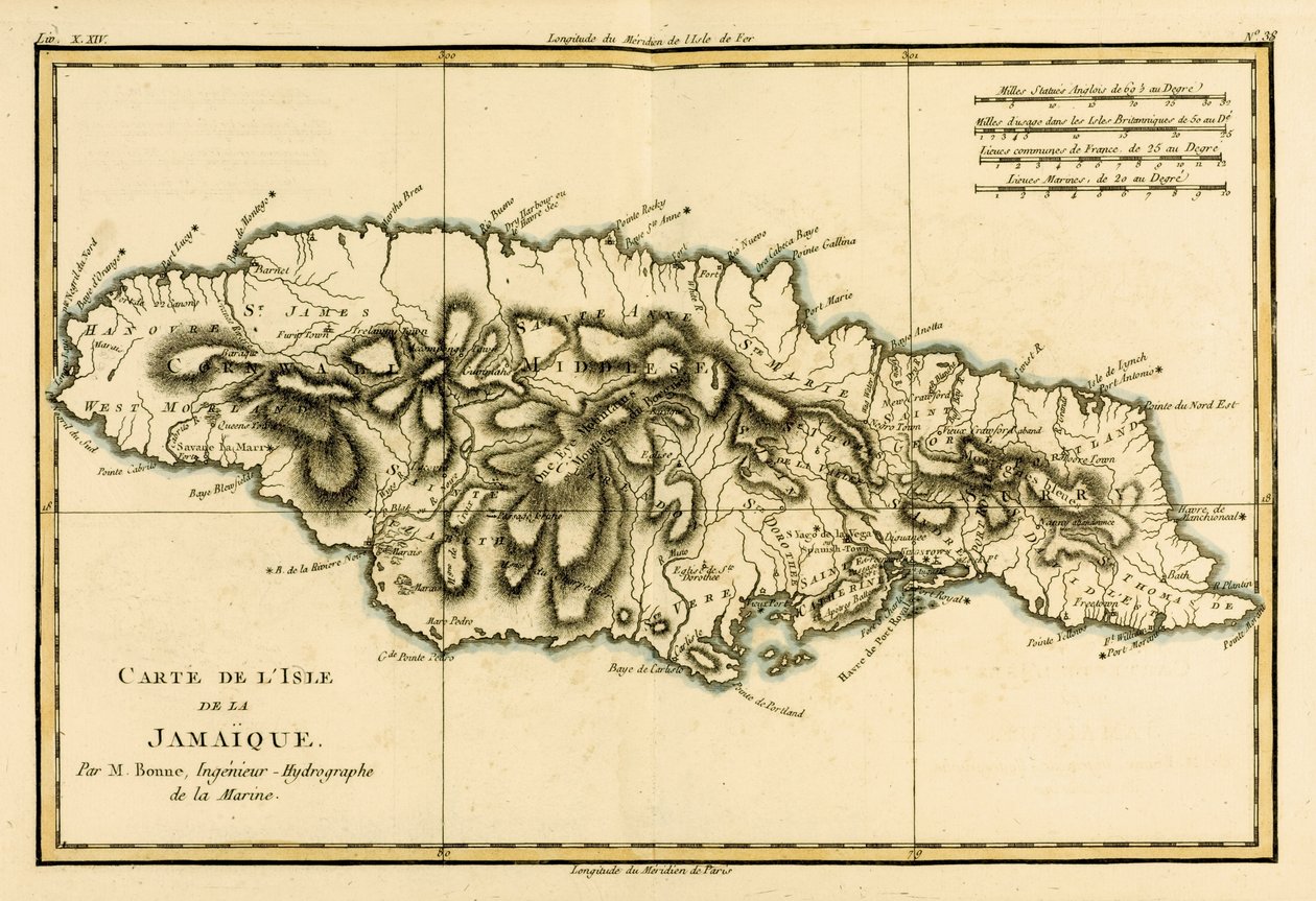 A Ilha da Jamaica, de "Atlas de Todas as Partes Conhecidas do Globo Terrestre", de Guillaume Raynal (1713-96), publicou 1780 de Charles Marie Rigobert Bonne