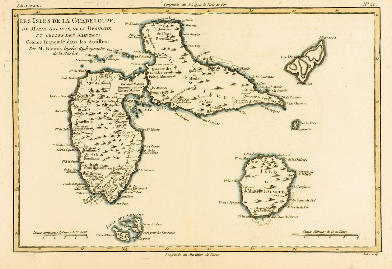 As ilhas de Guadalupe, Marie-Galante, Desirade e Isles des Saintes, colônias francesas nas Índias Ocidentais, de "Atlas de todas as partes conhecidas do globo terrestre" de Guillaume Raynal (17 de Charles Marie Rigobert Bonne