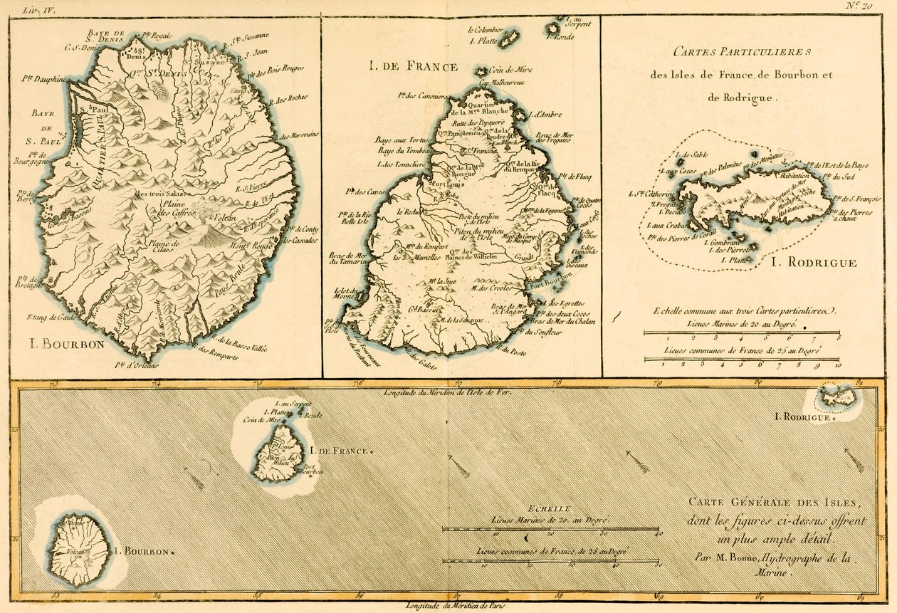 As Ilhas de Rodriguez, Ilha da França e Bourbon, de "Atlas de Todas as Partes Conhecidas do Globo Terrestre", de Guillaume Raynal (1713-96), publicaram 1780 de Charles Marie Rigobert Bonne