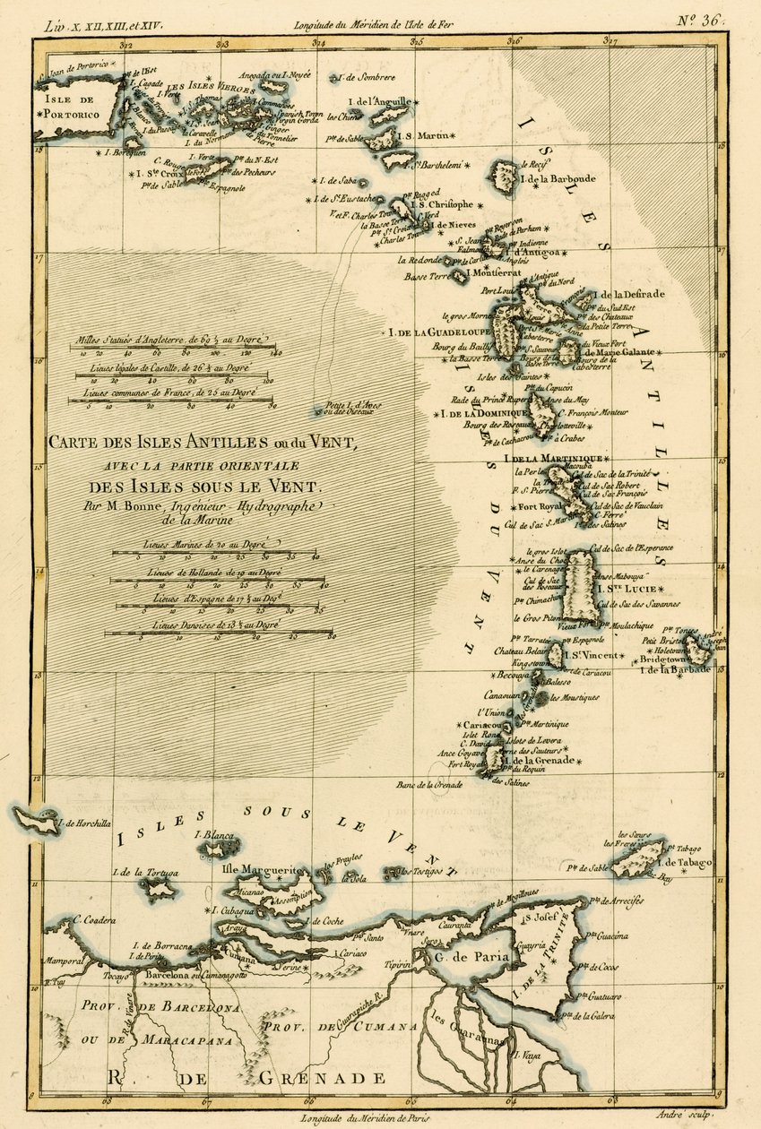 As Pequenas Antilhas ou as Ilhas de Barlavento, com a parte oriental das Ilhas de Sotavento, de "Atlas de Toutes les Festas do Globo Terrestre" de Guillaume Raynal (1713-96), publicaram JL Pe de Charles Marie Rigobert Bonne