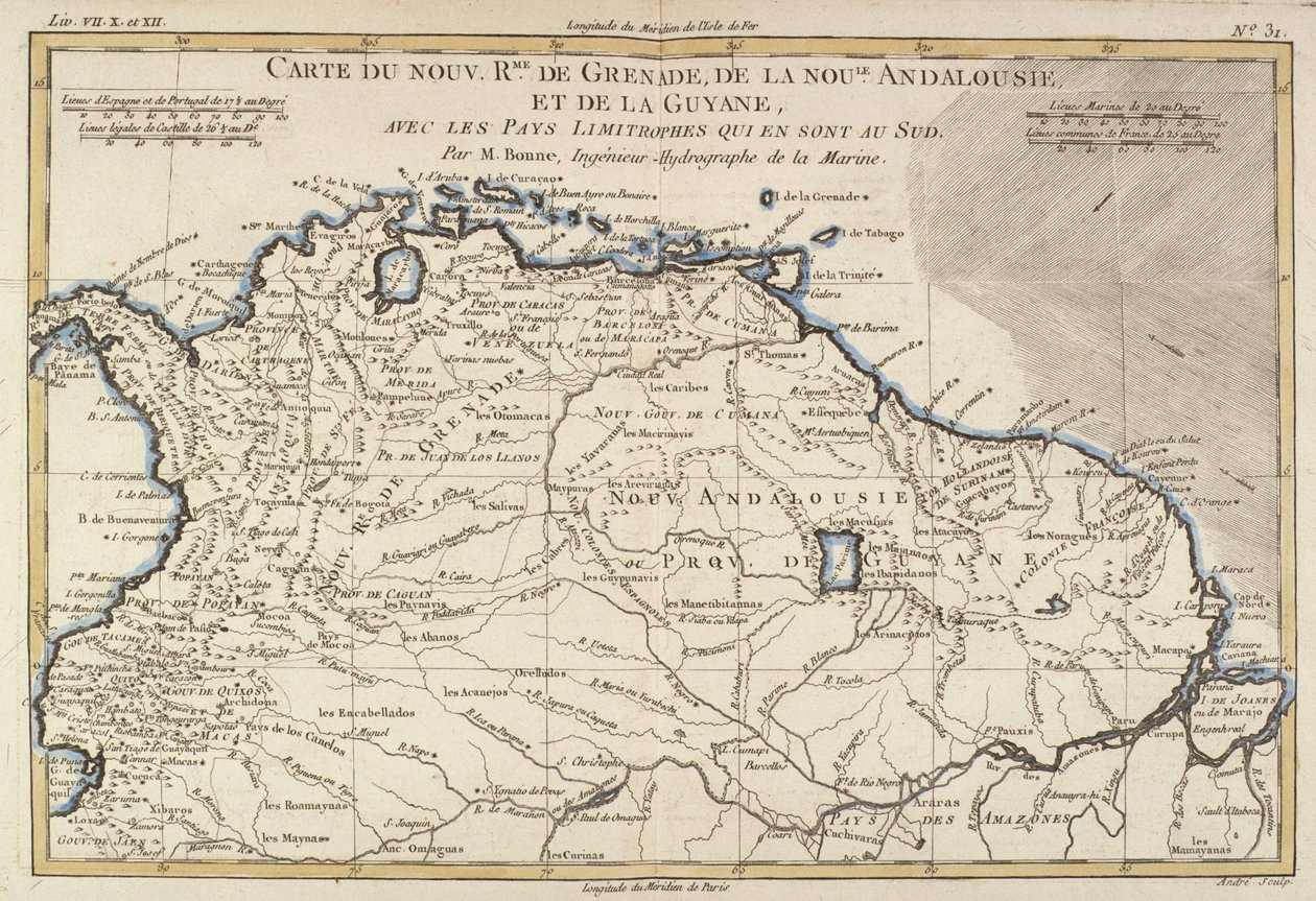 Os Novos Reinos de Granada, Nova Andaluzia e Guiana, de "Atlas de Todas as Partes Conhecidas do Globo Terrestre" por Guillaume Raynal (1713-96) Genebra, 1780 de Charles Marie Rigobert Bonne