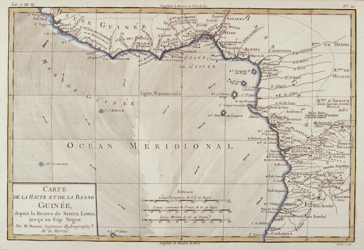 A África Ocidental, de "Atlas de Todas as Partes Conhecidas do Globo Terrestre", de Guillaume Raynal (1713-96), publicou Genebra, 1780 de Charles Marie Rigobert Bonne