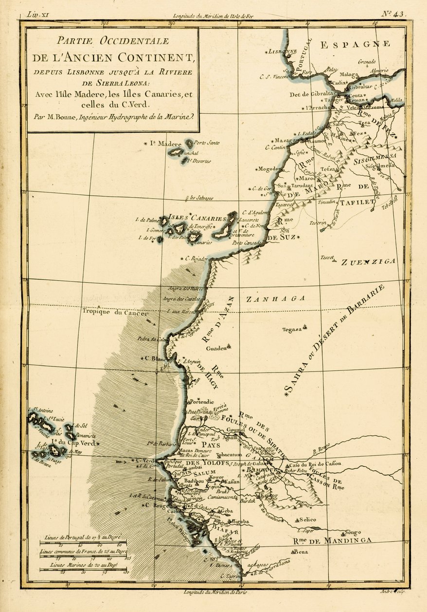 Costa Oeste da África, de Lisboa a Serra Leoa, de "Atlas de Todas as Partes Conhecidas do Globo Terrestre", de Guillaume Raynal (1713-96), publicado em Genebra, 1780 de Charles Marie Rigobert Bonne